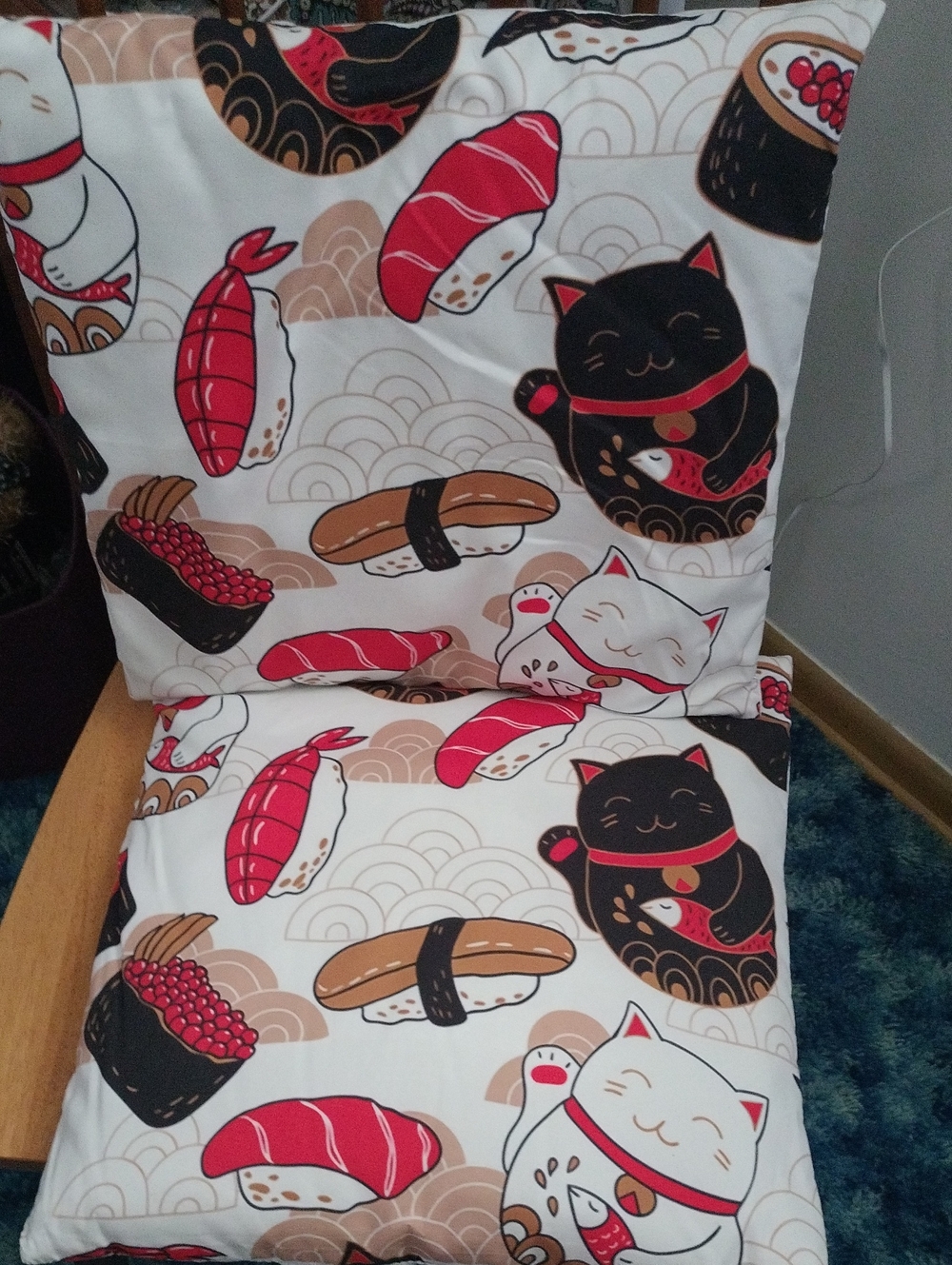 Kawaii Sushi & Maneki Neko Decorative Pillow Covers - White, Red, Black, Tan